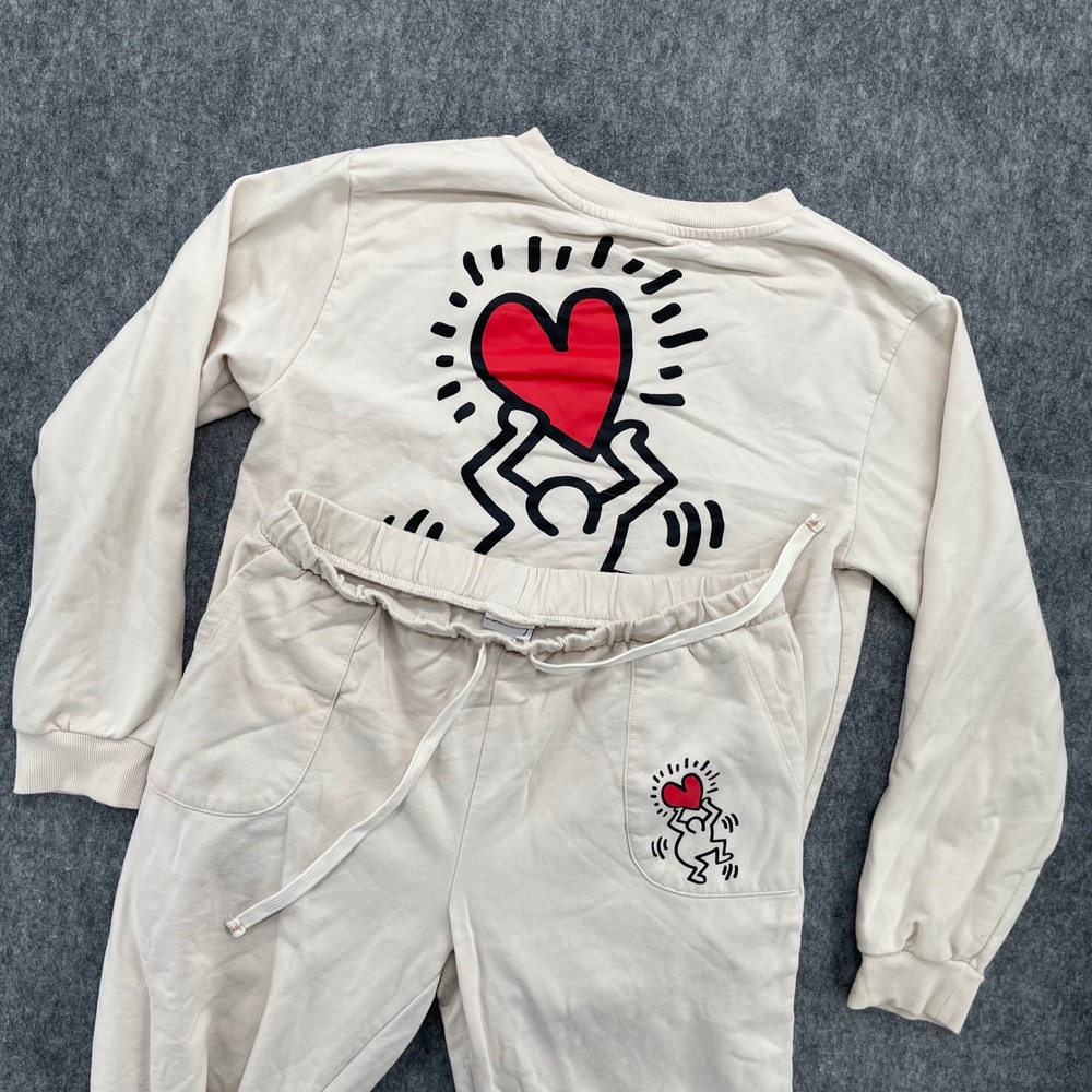 Keith Haring Sweatshirt and Joggers Set Cream Size Medium Love Graphic